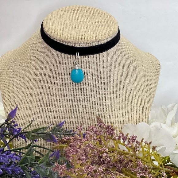 Choker necklace black velvet blue turquoise color necklace drop necklace tear - Picture 1 of 12
